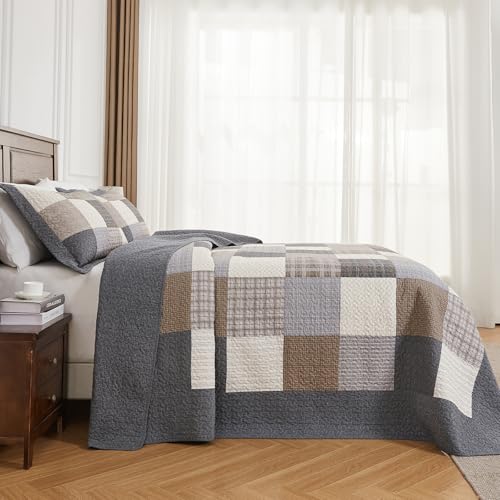 Quilta California King Quilt Set Oversized - Farmhouse Plaid Design Reversible Oversized King Bedspreads 128x120, 3-Piece 100% Cotton Textured Lightweight Comforter Coverlet Set, Cal King, Gray/Beige — view 3