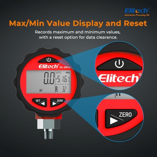 Elitech PG-30Pro Digitale Kältemittel-Druckmessgerät mit Hintergrundbeleuchtung | 88+ Kältemittel | 0-500 PSI (0-3,4 MPa) | 1/8 NPT | Kompatibel mit Manifold-Manometer | Rot