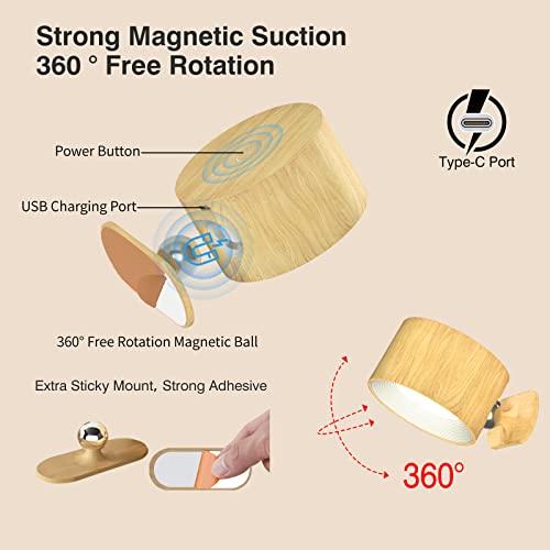 Image of Deyagoo LED Wall Sconce, Wall Mounted Lamp with Rechargeable Battery Operated USB Port 3 Color Temperature & 3 Brightness Level 360Rotate Magnetic Ball, Cordless Light for Reading Bedside-Wood