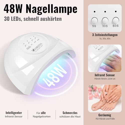 U V Nagellack Set, VANREESA 16 Farben Gel Nägel Set mit 48W U V/ LED Nagellampe Rosa Weiß Blau U V Nagellack Gelnägel Starterset mit Unterlack und Überlack Glänzenden Matten Maniküre Starter Set