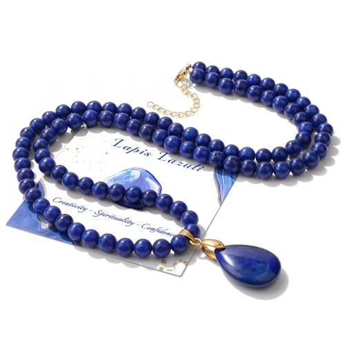 Pendlixy Healing Crystal Lapis Lazuli Beaded Necklaces for Women Trendy Natural Lapis Lazuli Stone Beaded Long Pendant Necklaces for Womens Handmade Bohemian Fashion Necklace Jewelry Gift