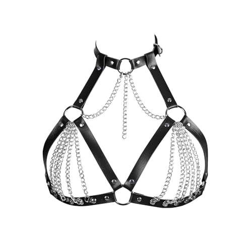 XFSRG Sexy Körperschmuck Damen Leder Körperketten für Frauen Verstellbare Körperkette mit Metallketten für Party und Club