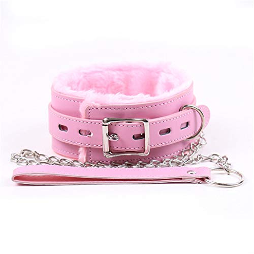 Metrical Faux Fur Lined Collar Choker with D-Rings Adjustable Leather Neck Collar with Chain Leash (Pink)
