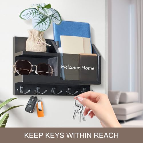 Hausanlee H-KH001 Key Holder Wall Mount,Farmhouse Key And Mail Holder For Wall With 5 Double Hooks And Acrylic Board,Wooden Hanging Key Rack thumb #6