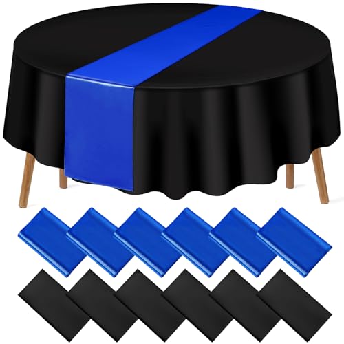 Image of 12Pack 12x108 Inch Satin Table Runner and 84 Inch Round Plastic Tablecloths Set Black and Blue Disposable Round Table Cover for Graduation Wedding Bridal Shower Anniversary Birthday Party Decorations