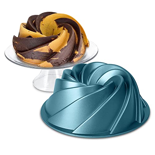 Non-stick Bunt-Cake Pan – Classic Swirl Shape. Heavy Cast Aluminum bunt Pan Mold with 4-Layer Coating – Oven Safe to 450 Degrees, 8-Cup Capacity Blue
