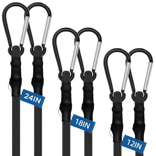 Image of Xfopz 6 Pcs Carabiner Bungee Cords with Hooks- Heavy Duty Bungee Straps Strong Elastic Rope for Outdoor Tent, Luggage Rack, Camping, Cargo, RV, Bike, Transporting,100 LBS Max Break Strength