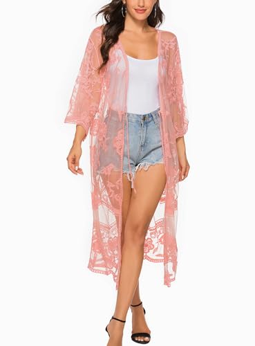 Cárdigan tipo kimono de encaje para mujer largo boho chaqueta playera ligera 2