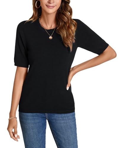 Image of Womens Short Sleeve Sweaters Tops Crew Neck Pullover Shirt Lightweight Knit Sweater Blouse