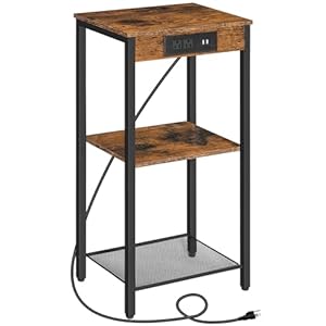 HOOBRO Tall End Table with Charging Station 297 Inch Small Tall Side Table 3 Tier Telephone Table Small Entryway Table High Nightstand for Living Room Bedroom Hallway Rustic Brown BF09UDH01
