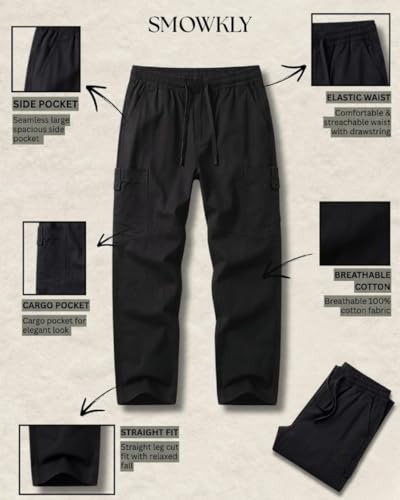 Image of Cargo for Men | Cotton Cargo Pant | Lower for man | Elastic Drawstring Waist Straight Fit Bottoms | Comfortable Breathable Summer Cargos for Casual, Office Wear