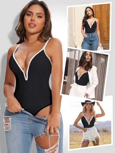 Image of SHAPERIN Bodysuit for Women Shapewear Tummy Control Deep V Neck Plunge Sleeveless Backless Thong Body Suit Tank Top