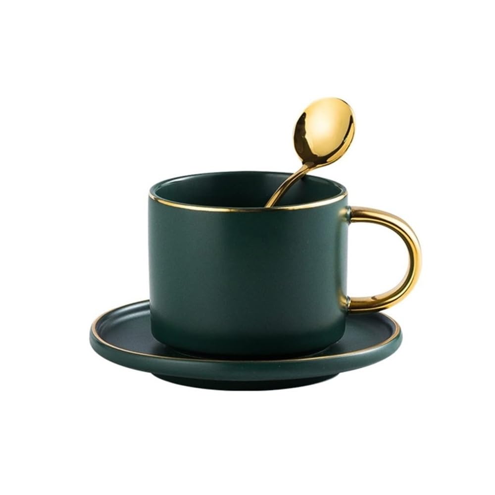 Tazas de café verde mate de 6 oz de porcelana con platillo y juego de cuchara dorada