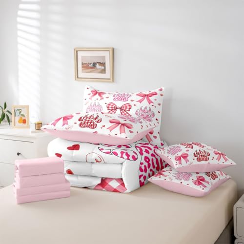 Image of Pink Bow Bedding Sets 7 Pcs Queen Watercolor Grid Bowknot Girly Comforter Set Pink Red Heart Kiss Leopard Paw Print All Season Comforter Flat Sheet Fitted Sheet 2 Pillowcases 2 Throw Pillow Covers