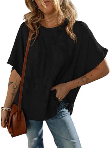 Batwing Tops for Women Half Sleeve Loose Fit Tunic Tops Ribbed Knit Oversized Dolman Sleeve T Shirts