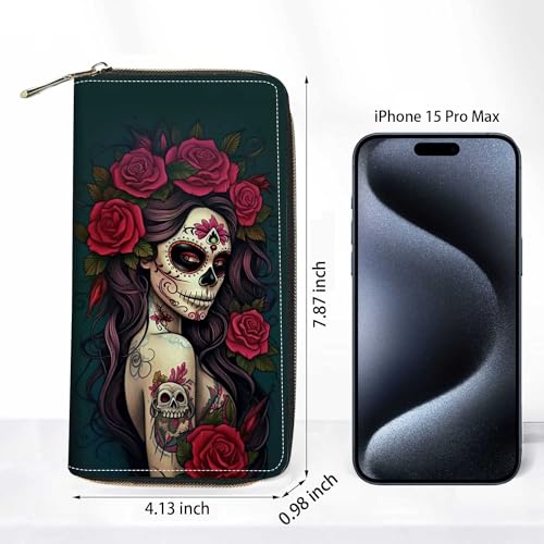 Sugar Skull Girl Roses Wallet for Women with Credit Card Holder Coin Money Clip PU Leather Zip Around Clutch Wallet2