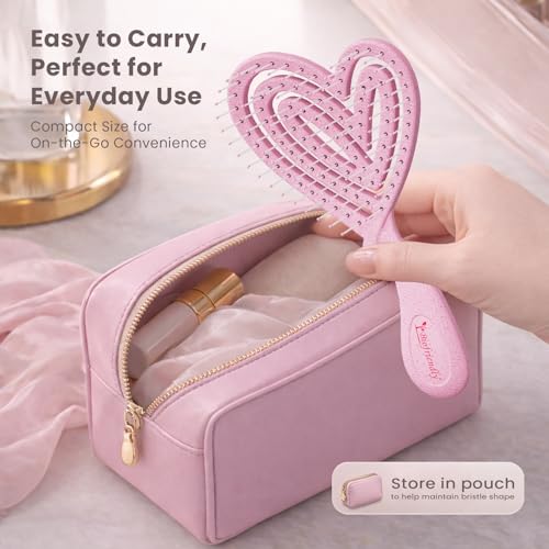 Biofriendly Mini Detangling Hair Brush for Wet & Dry Hair, Compact & Lightweight for On-the-Go Use, Gentle Flexible Bristles for Smooth Detangling, Heart-Shaped Design, Sakura Pink — view 3