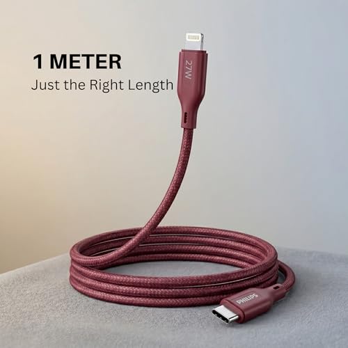 Image of PHILIPS DLC4130LI /94 27W iPhone Original Type-C to Lightning Fast Charging Cable (1m, Iron Red) | MFi Certified | 480Mbps Data Sync | Nylon Braided | Compatible with iPhone & Other Lightning Devices