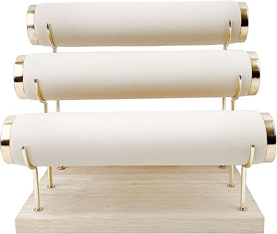Image of Wooden Metal 3 Roll Gold Metal Chrome Finished Wooden Jewellery Display Stand (Beige)