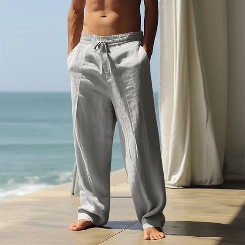 Men Linen Pants Summer Elastic Waist Drawstring Baggy Trousers Lightweight Beach Pants with Pockets4