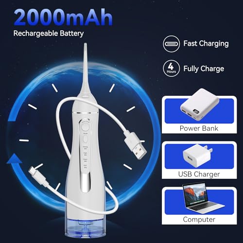 Water flossers for Teeth Pick, Portable Oral Irrigator Dental with 4 Modes 5 Jet Tips, IPX7 Rechargeable Water Tooth Flosser for Braces Sensitive Gum Care，300ml Tank for Home Travel Use - Thumbnail 7