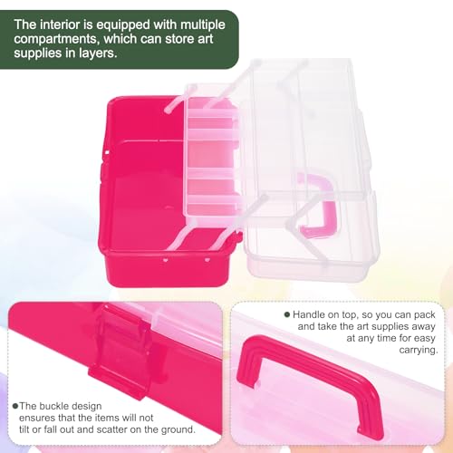Image of YOKIVE Art Supply Storage Organizer, Art Tool Storage Box 3-Tray Craft Box Art Supplies Organizer with Handle Buckle for Brushes Paints Stamps, Trans Red