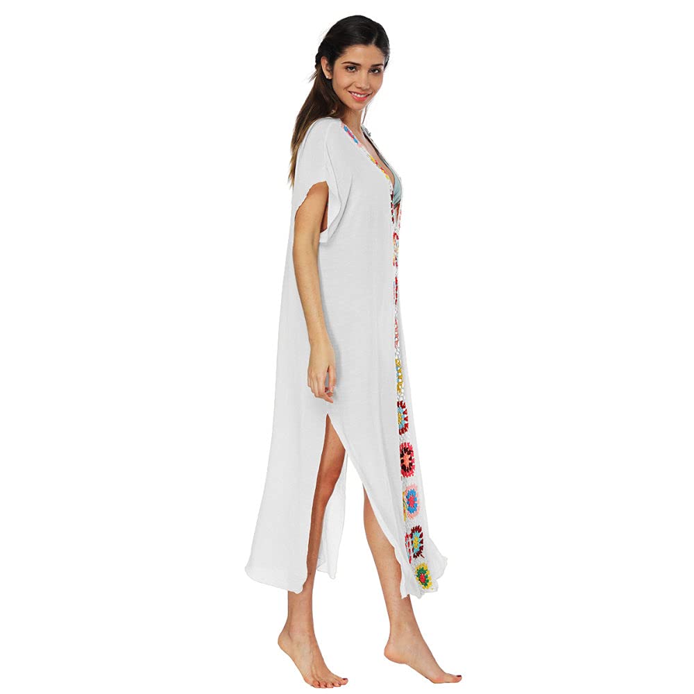 Abiti Eleganti Donna,Abiti Da Spiaggia Da Donna Boho Fatti A Mano All'Uncinetto Splicing Con Scollo A V Costumi Da Bagno Bikini Cover Ups Sexy Vedere Attraverso Spacco Laterale Abito Caftano Plus Si