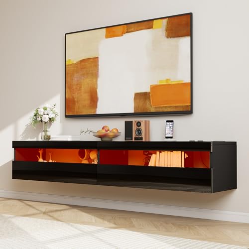 Winlice Meuble TV Murale Flottant 180 cm avec Éclairage LED & Prise de Courant,Console TV Moderne Haute Brillance avec Rangement,Support TV Murale pour...