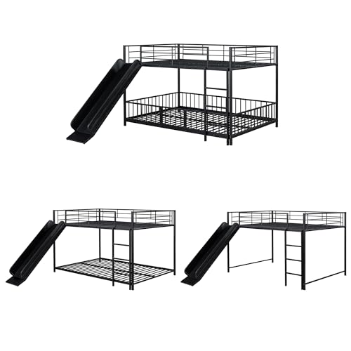 Image of Bellemave Full Over Full Bunk Bed with Slide and Ladder, Metal Low Bunk Bed for Kids, Girls, Boys, Removable Fence, with Door, Black