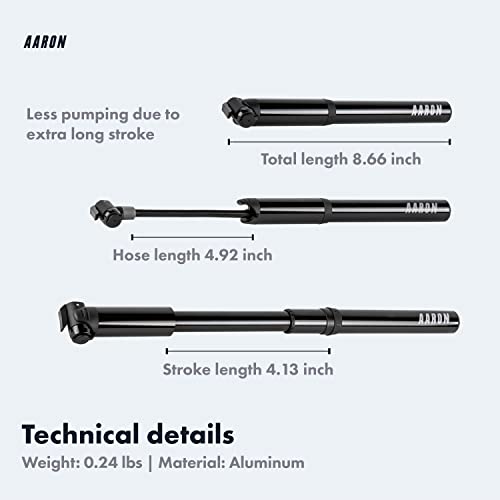 Aaron - Pocket One Mini Bicycle Pump - Suitable For All Valves - Compact And Light - High Pressure Of 100 Psi/7 Bar - Frame Pump For Racing Bikes, E-Bikes, Mountain Bikes, Trekking Bikes - Black #TOP3