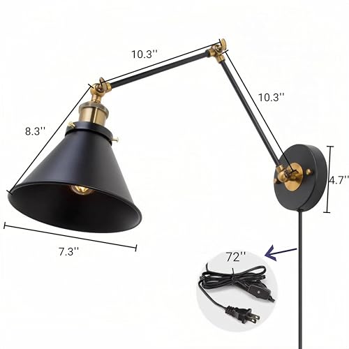 Image of LALUZ Wall Sconces, Modern Swing Arm Plug in or Hardwired Sconces Wall Lighting Lamp with Polished Brass Finish, Wall Sconce Light Lights Indoor for Bedroom, Living Room, Study