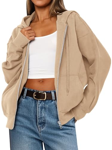 MASCOMODA Women Zip Up Hoodie Trendy Oversized Sweatshirt Casual Long Sleeve Fleece Jacket Fall Outfits Fashion Clothing(Khaki,Medium)