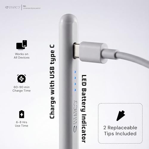 Image of Estatico Ink Universal Stylus Pen for All Touchscreen Devices, iPad & Android Tablets | One Tap Activation, USB-C Fast Charging & LED Battery Indicator | Magnetic Attachment, 2 Tips, Free Stylus Case