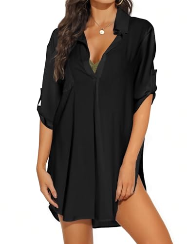 Swimsuit Coverups for Women, V Neck Bathing Suits Cover Ups for Women, 3/4 Sleeve Bikini Cover Up Beach Dress