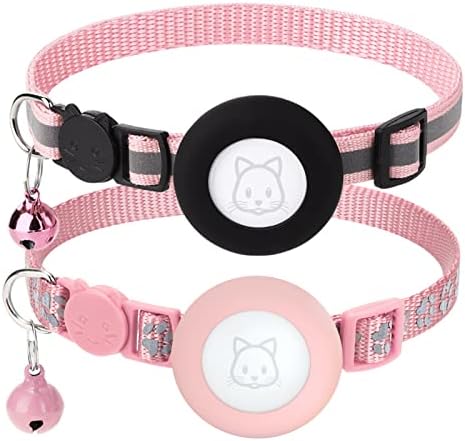 2Pack Airtag Cat Collars, Reflective Air Tag Cat Collar with Breakaway Safety Buckle and Bell, Adjustable Cat Collar with Airtag Holder Compatible with Apple Airtag for Small Pets (Pink)