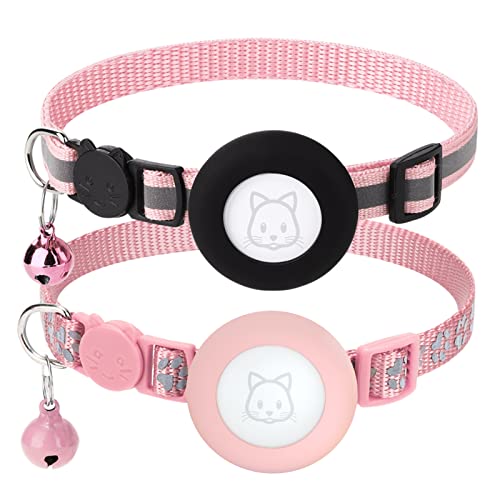 2Pack Airtag Cat Collars, Reflective Air Tag Cat Collar With Breakaway Safety Buckle And Bell, Adjustable Cat Collar With Airtag Holder Compatible With Apple Airtag For Small Pets (Pink) #TOP3