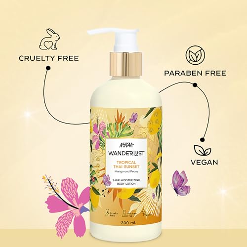 Image of Nykaa Wanderlust Tropical Sunset Moisturising Body Lotion, 300 ml | Fruity floral Perfume | Lightweight, Long-Lasting Hydration | Vegan, Paraben-Free I Mango and Peony fragrance notes | Suitable for All Skin Types