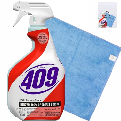 GLOBAL PACKING SOLUTIONS 409 Multi-Surface Antibacterial Cleaner Degreaser Spray 32 oz Kills 99.9% of Germs Including COVID-19 Virus bundled with Microfiber Cleaning Cloth