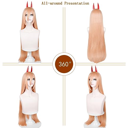 LABEAUTÉ Orange Cosplay -Power Wig + Horns for Girls Women Anime Long Straight Halloween Party Hair Wig with Cap