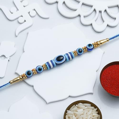 Image of eCraftIndia Beads Evil Eye Rakhi for Brother Bhaiya Bhai with Best Bro Ever Fridge Magnet | Roli Chawal Pack