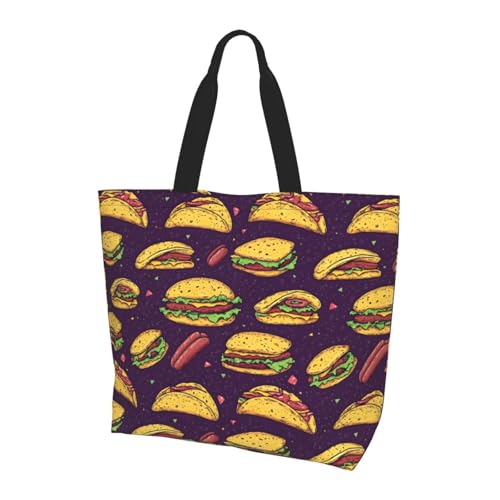 Nevjipu Bolsas de trabajo grandes para mujer, con estampado de hamburguesa, reutilizables, ligeras, bolsas de compras para mujer, bolsa de hombro plegable de viaje grande