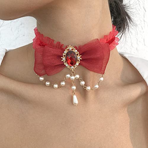 Xerling Red Bow Tie Necklaces For Women Girls Lace Choker Necklace Beaded Pearl Pendant Necklace For Halloween Ruby Gem Bow-Knot Chain Necklace (Red) #TOP28