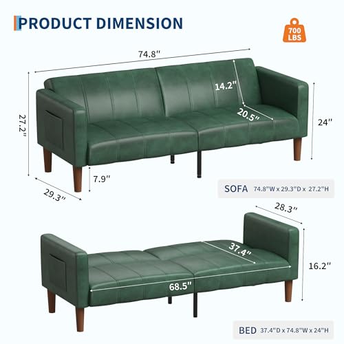 Image of GarveeHome Futon Sofa Bed, 75-Inch Modern Faux Leather Convertible Couch, Mid-Century Loveseat for Small Space, Living Room, Bedroom, Green