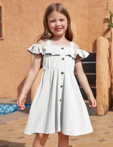 Arshiner Girls Dresses Summer Spaghetti Strap Cold Shoulder Ruffle Button Down A Line Dresses4