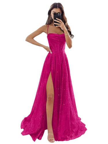 Women's Spaghetti Straps Glitter Tulle Prom Dress with Slit Cowl Neck Long Evening Formal Party Gown