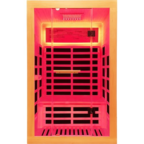 Image of OUTEXER Infrared Sauna 2000W Wooden Saunas Home Spa Room Canadian Hemlock Wood Low-EMF Indoor Saunas with with Red Light Beauty Lamp for Two Person 74.8 * 47.2 * 41.3Inch