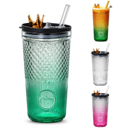 Image of Fashion Glass Cup with Lid and Straw - 600ml, Set of 1, Glass Cups, Clear Glassware for Kitchen, Home Heat Resistant Drinking Tumbler Office Ice Coffee Glasses Tea Mug