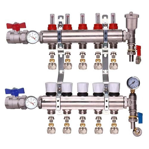 Kudos-Trading 5 Port Underfloor Heating Manifold Efficient Heating Solution for Your Home Maximize Comfort Save Energy Sturdy Design Suitable for Water-Based Radiant Floor Heating Systems.
