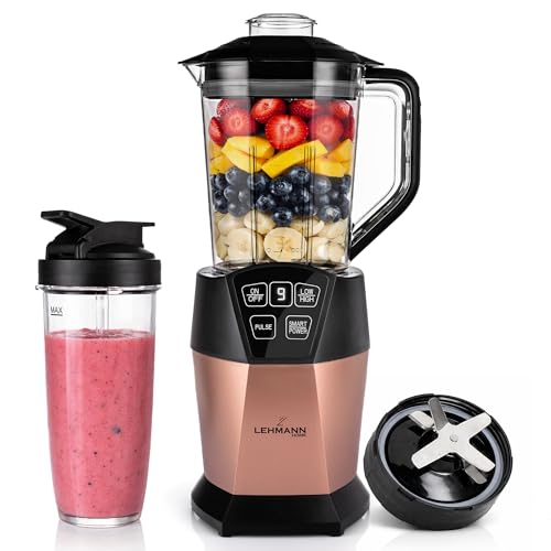 LEHMANN Blender & Smoothie Mixeur 2-en-1 avec Bol 1500 ml et Gobelet Portable 800 ml, 4 Programmes, Lames à 6 Couteaux en Acier Inoxydable, sans BPA, Nettoyage facile, Puissance 1000 W, Or rose
