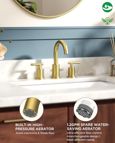 Image of FORIOUS Brushed Gold Bathroom Faucet 3 Hole, 2 Handle 8 Inch Widespread Gold Sink Faucet Bathroom Vanity with 360 Degree Swivel Spout, with Pop Up Drain and cUPC Supply Line, for 6 to 12 in Sink